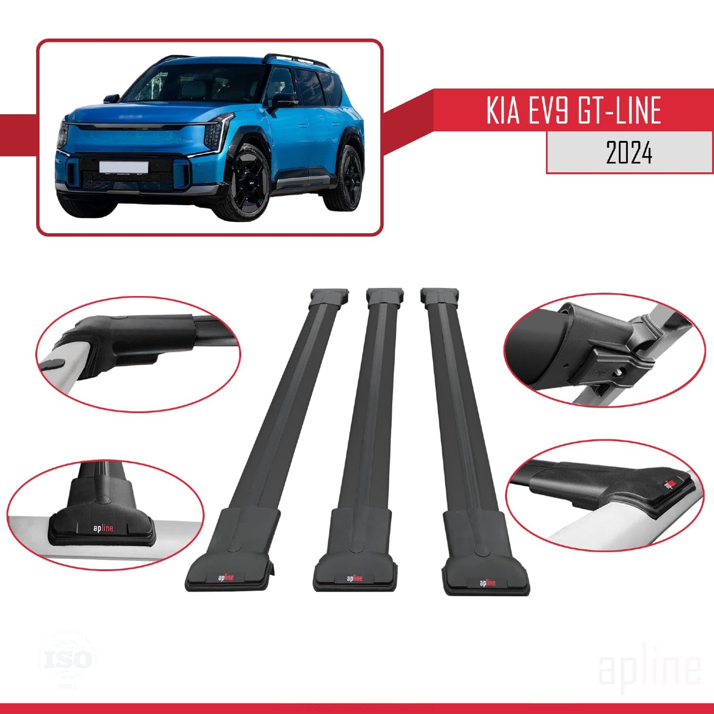 Compatible with KIA EV9 GT-LINE 2024-2025 Fly Model Car Roof Rack Cross Bar Black Aluminium 3 Bars