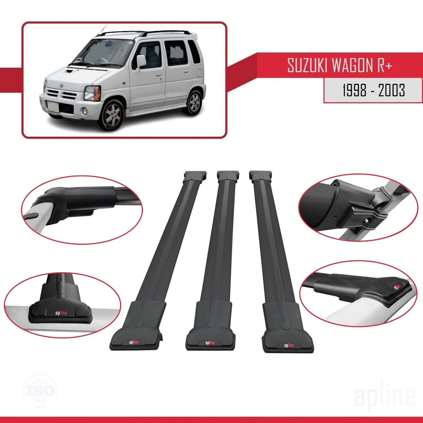 Compatible with Suzuki Wagon R+ 1998-2003 Fly Model Car Roof Rack Cross Bar Black Aluminium 3 Bars