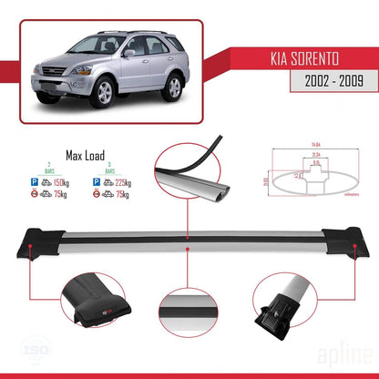Compatible with Kia Sorento (BL) 2002-2009 Fly Model Car Roof Rack Cross Bar Grey Aluminium 2 Bars