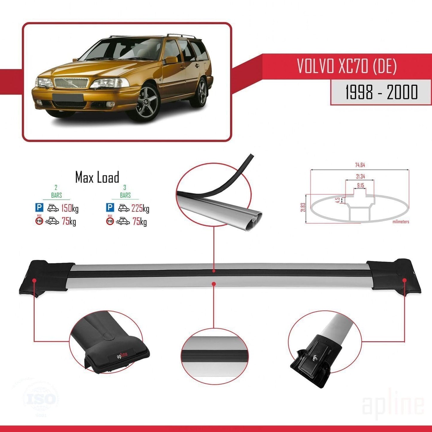 Compatible with Volvo XC70 1998-2000 Fly Model Car Roof Rack Cross Bar Grey Aluminium 2 Bars