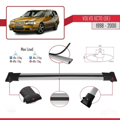 Compatible with Volvo XC70 1998-2000 Fly Model Car Roof Rack Cross Bar Grey Aluminium 2 Bars