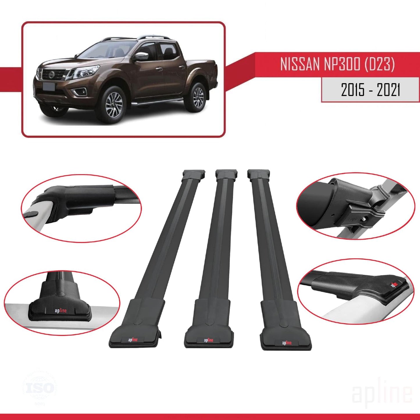 Compatible with Nissan NP300 (D23) 2015-2021 Fly Model Car Roof Rack Cross Bar Black Aluminium 3 Bars