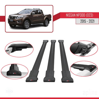Compatible with Nissan NP300 (D23) 2015-2021 Fly Model Car Roof Rack Cross Bar Black Aluminium 3 Bars