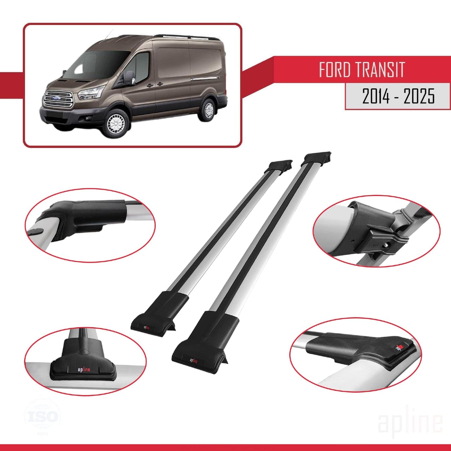 Compatible with Ford Transit 2014-2025 Fly Model Car Roof Rack Cross Bar Grey Aluminium 2 Bars