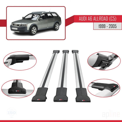 Compatible with Audi A6 (C5) Allroad 1999-2005 Fly Model Car Roof Rack Cross Bar Grey Aluminium 3 Bars