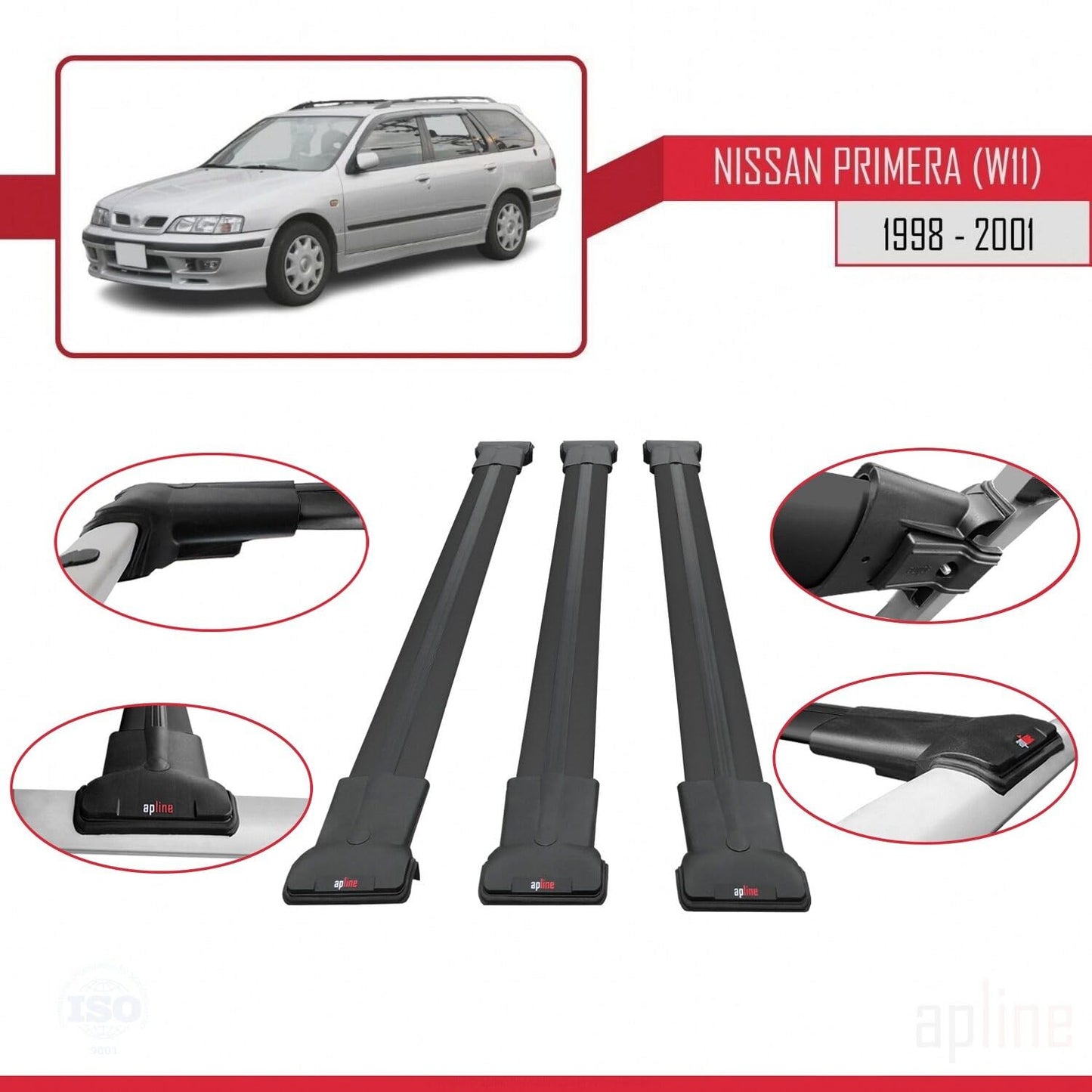 Compatible with Nissan Primera 2 (W11) Traveller 1998-2001 Fly Model Car Roof Rack Cross Bar Black Aluminium 3 Bars