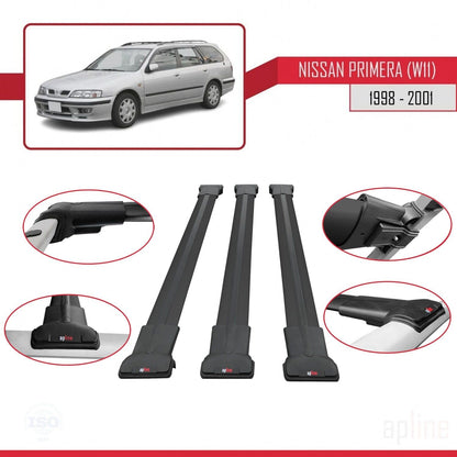 Compatible with Nissan Primera 2 (W11) Traveller 1998-2001 Fly Model Car Roof Rack Cross Bar Black Aluminium 3 Bars