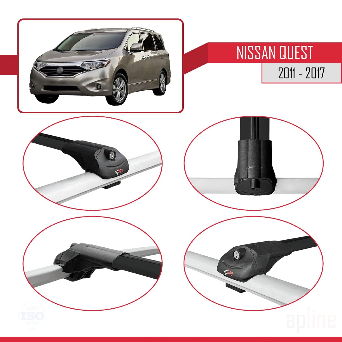 Compatible with Nissan Quest 2011-2017 ACE-1 Car Roof Rack Cross Bar Black Aluminium 4 Bars