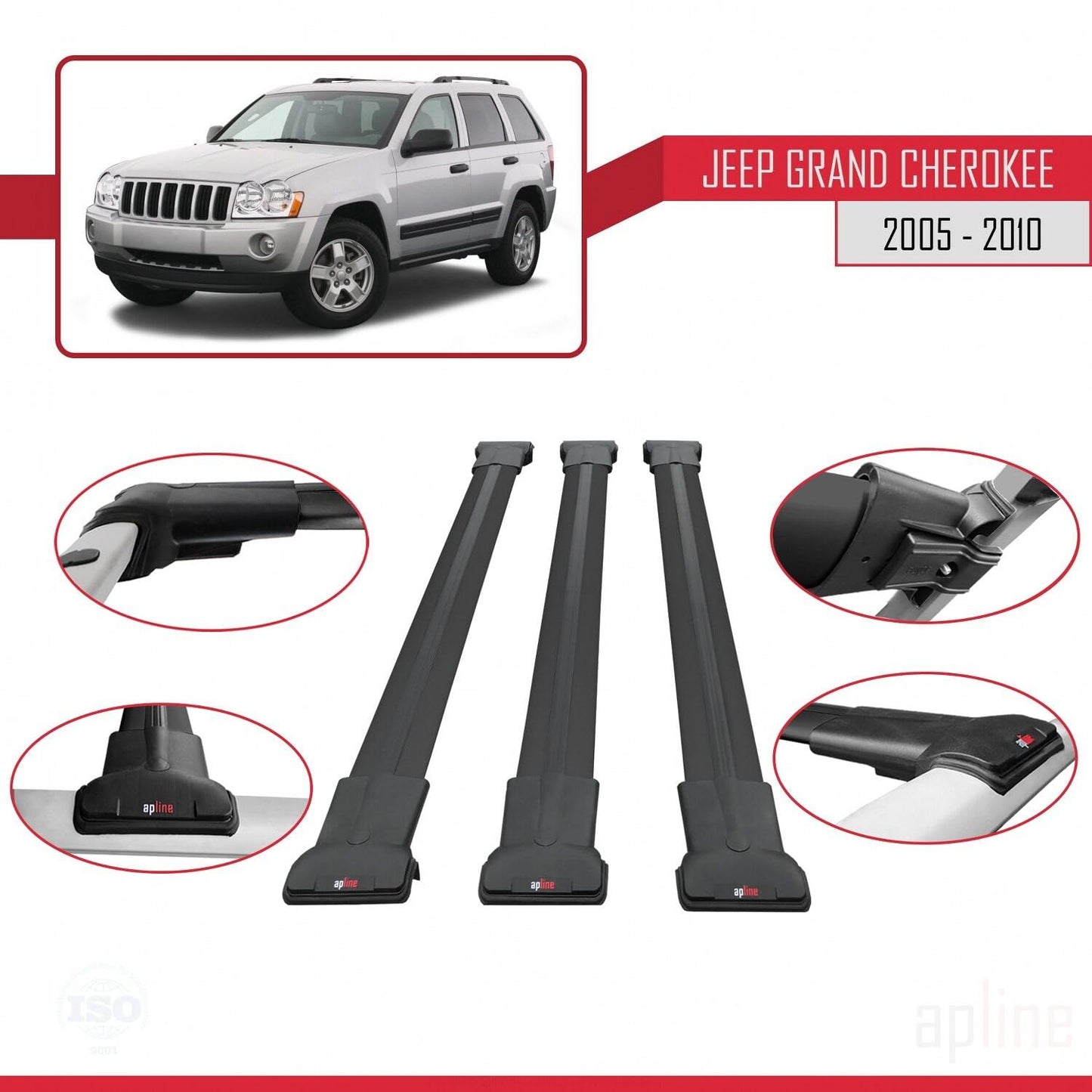 Compatible with Jeep Grand Cherokee 3 (WK) 2005-2010 Fly Model Car Roof Rack Cross Bar Black Aluminium 3 Bars