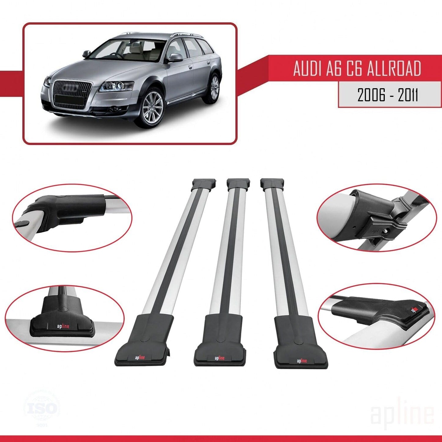 Compatible with Audi A6 (C6) Allroad 2006-2011 Fly Model Car Roof Rack Cross Bar Grey Aluminium 3 Bars