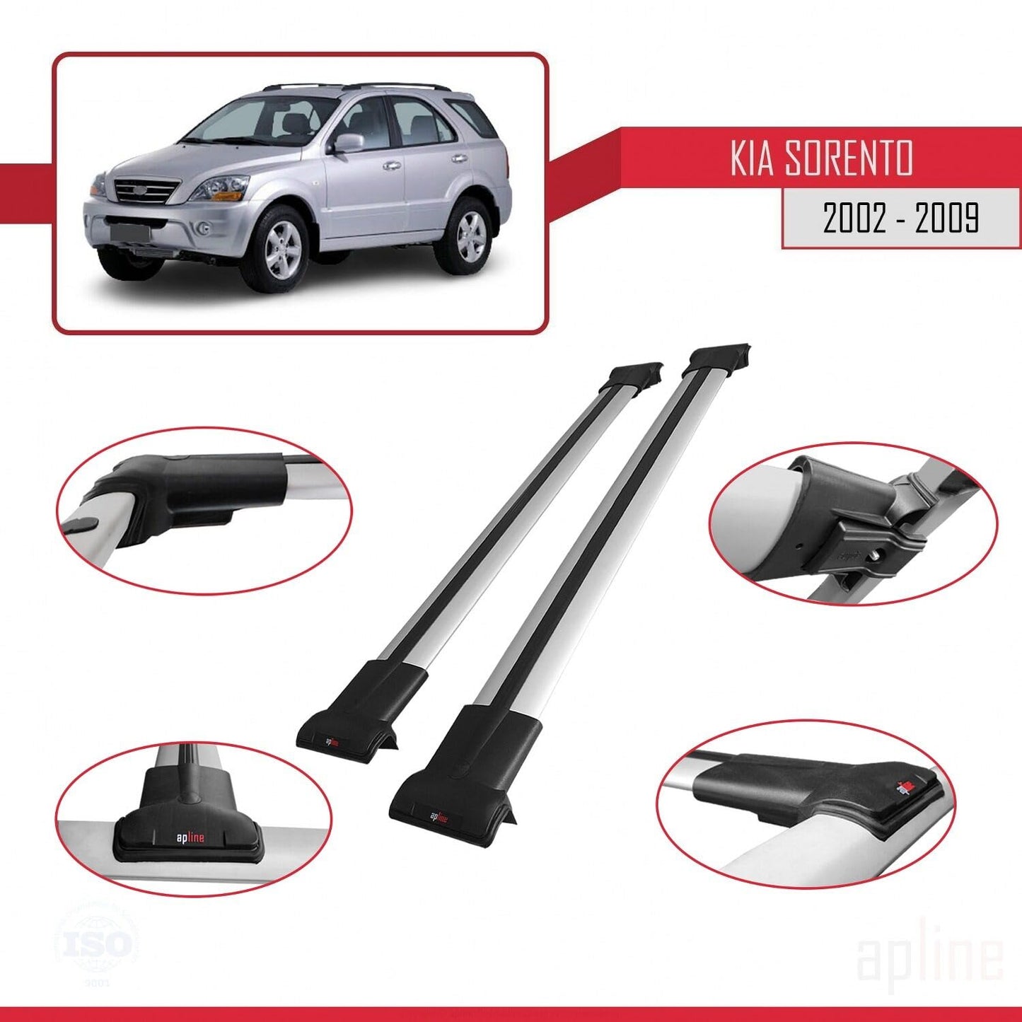 Compatible with Kia Sorento (BL) 2002-2009 Fly Model Car Roof Rack Cross Bar Grey Aluminium 2 Bars