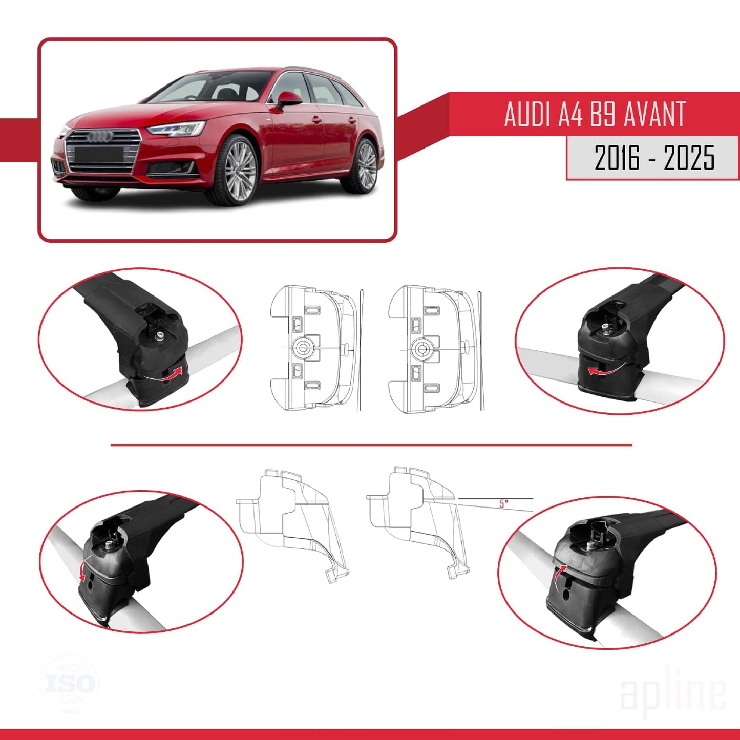 Compatible with Audi A4 (B9) Avant 2016-2025 ACE-2 Car Roof Rack Cross Bar Black Aluminium 2 Bars