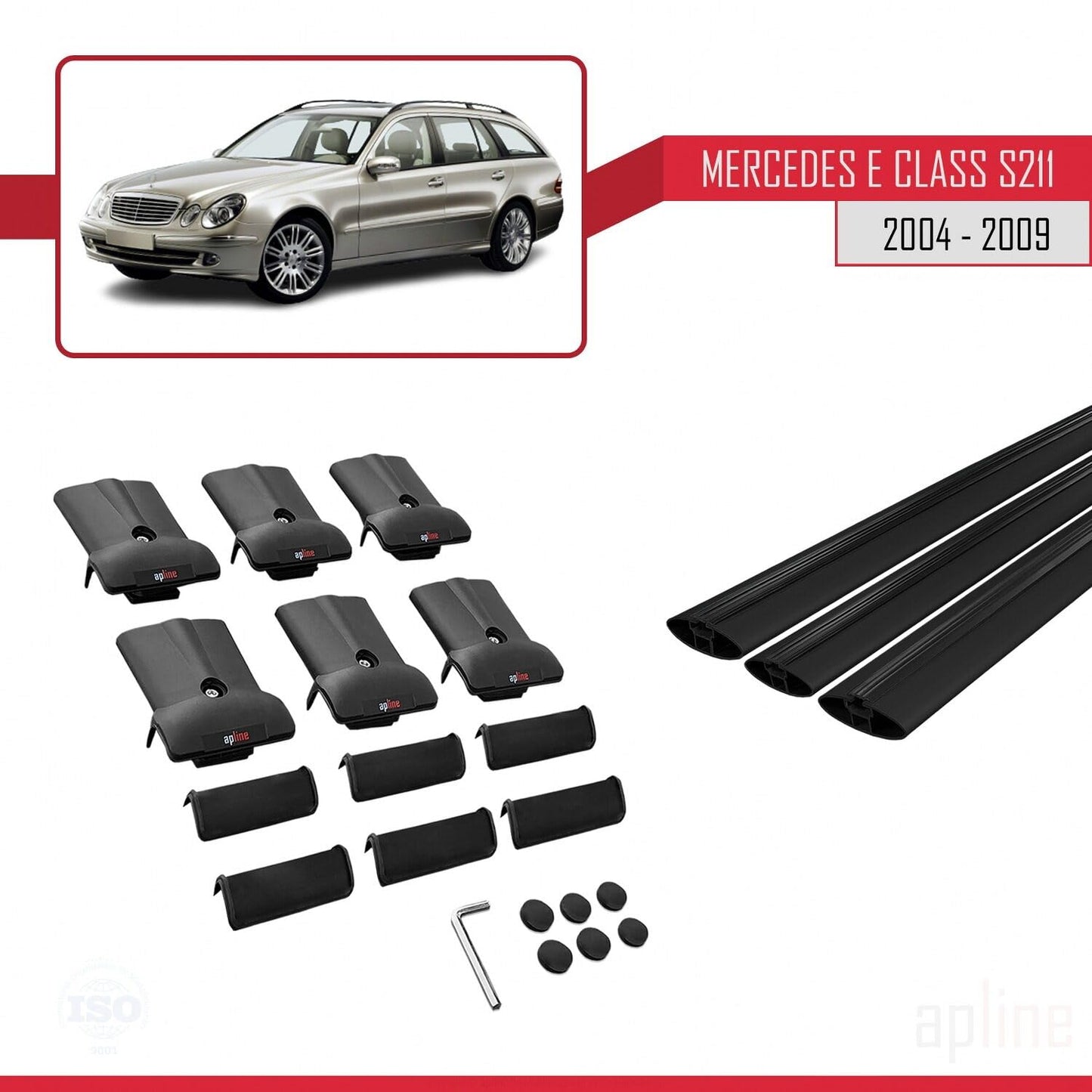Compatible with Mercedes E Class 3 (S211) 2004-2009 Fly Model Car Roof Rack Cross Bar Black Aluminium 3 Bars