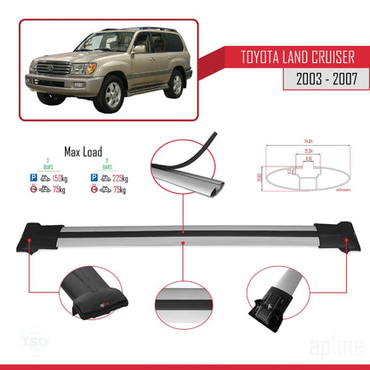 Compatible with Toyota Land Cruiser (J100) 2003-2007 Fly Model Car Roof Rack Cross Bar Grey Aluminium 2 Bars
