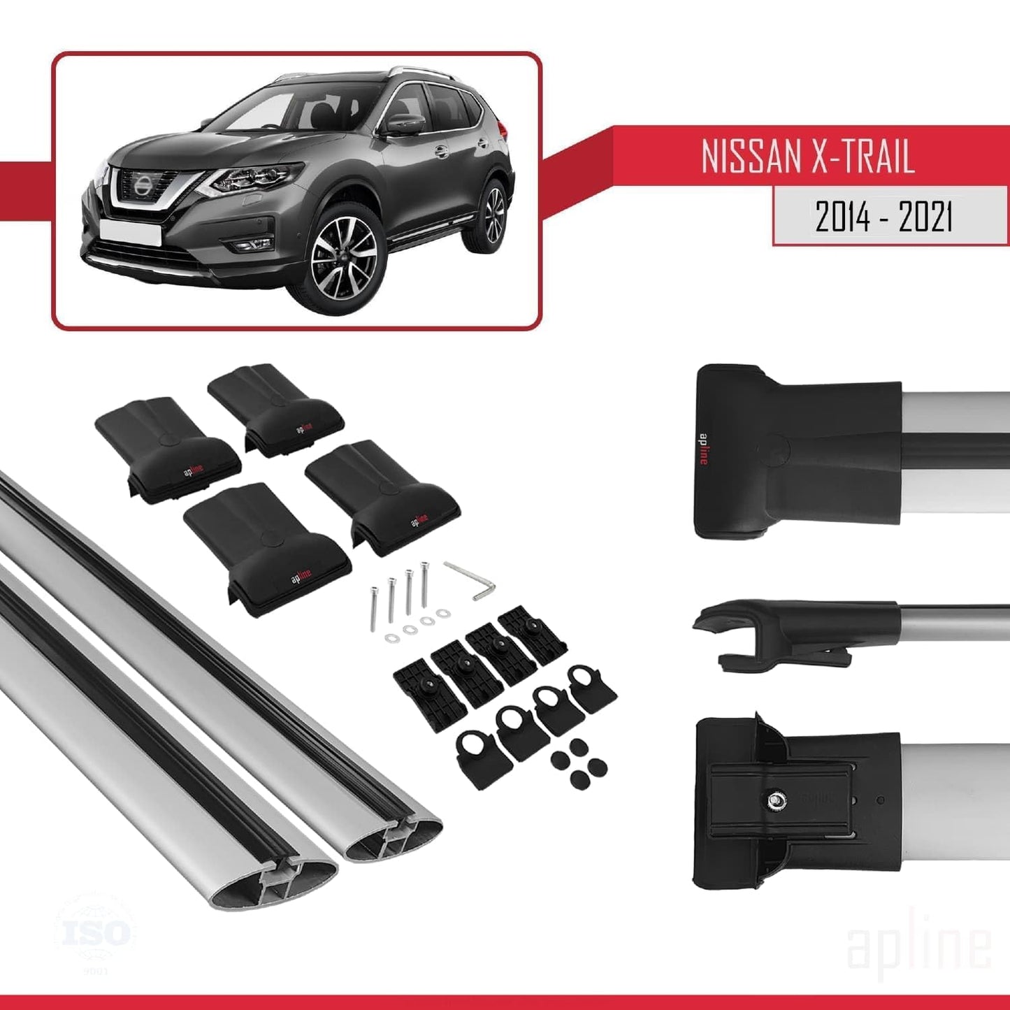 Compatible with Nissan X-Trail 3 (T32) 2014-2021 Fly Model Car Roof Rack Cross Bar Grey Aluminium 2 Bars