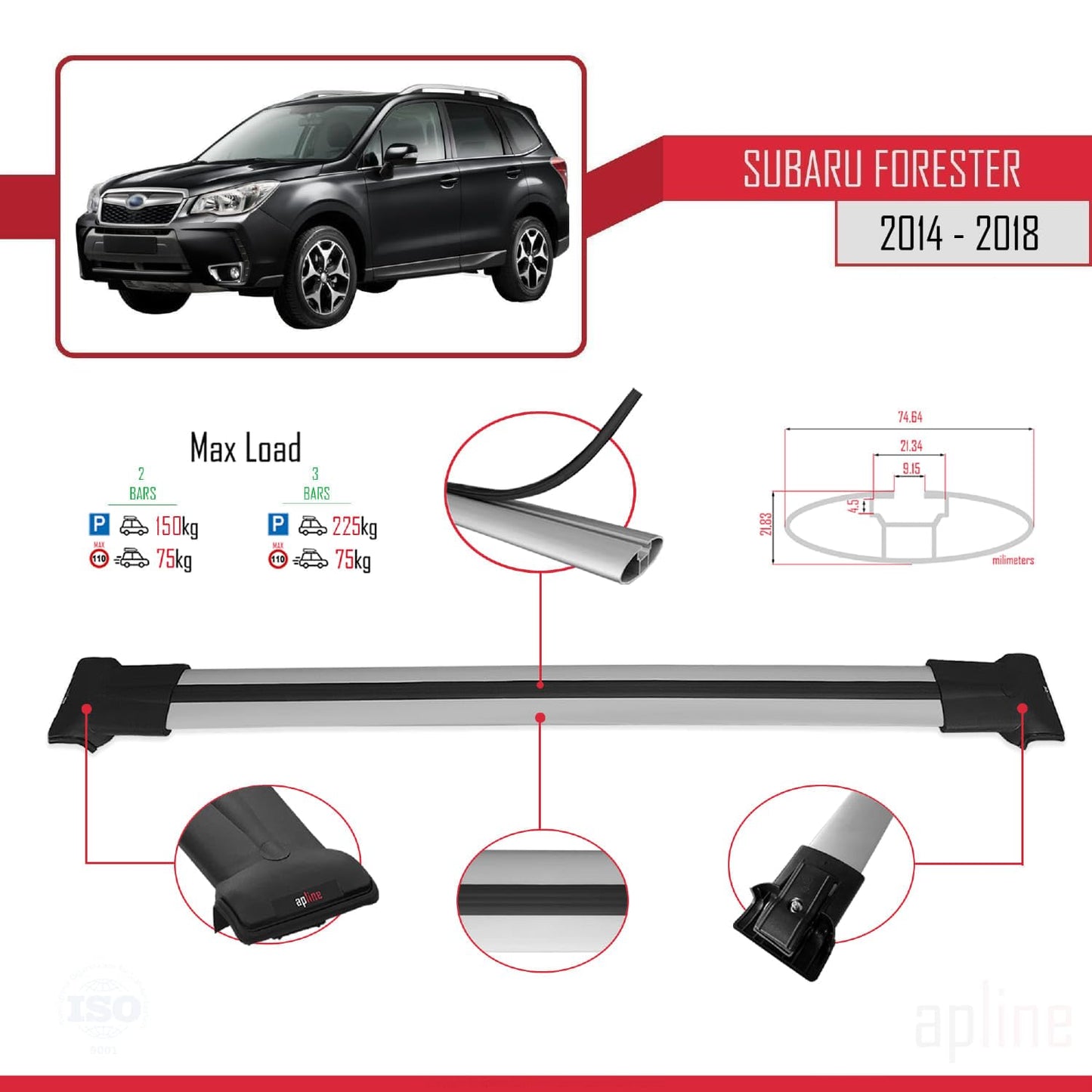 Compatible with Subaru Forester 4 (SJ) 2014-2018 Fly Model Car Roof Rack Cross Bar Grey Aluminium 2 Bars