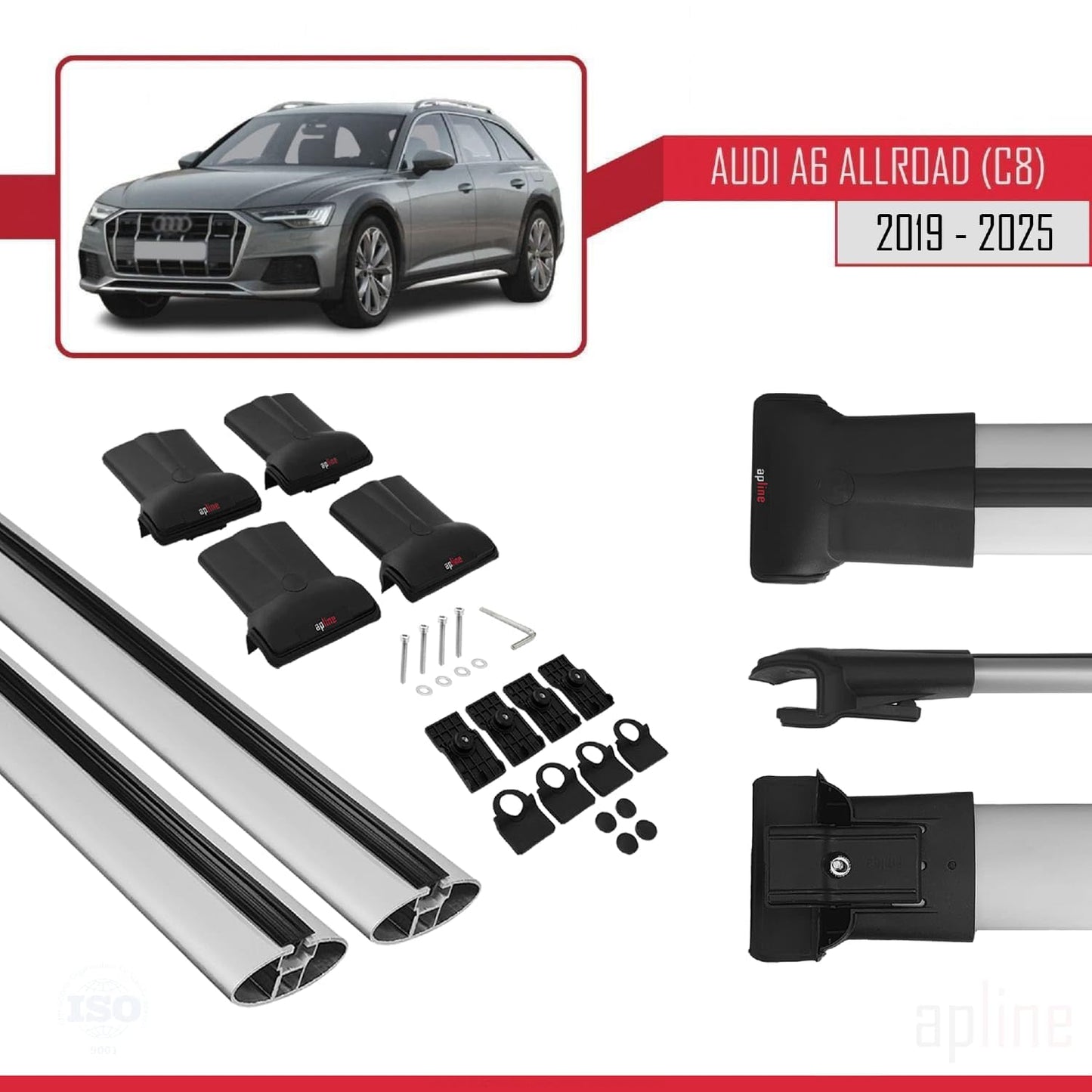 Compatible with Audi A6 (C8) Allroad 2019-2025 Fly Model Car Roof Rack Cross Bar Grey Aluminium 2 Bars