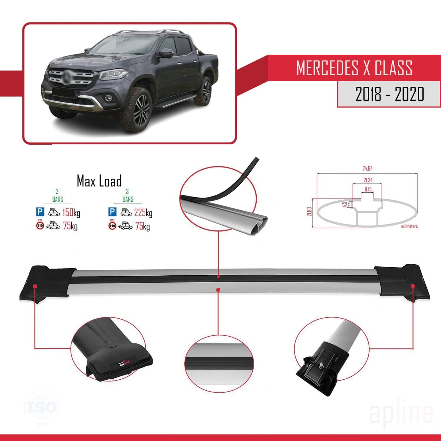 Compatible with Mercedes X Class (470) 2018-2020 Fly Model Car Roof Rack Cross Bar Grey Aluminium 2 Bars