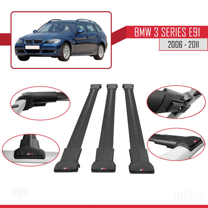 Compatible with BMW 3 Series E91 Touring 2006-2011 Fly Model Car Roof Rack Cross Bar Black Aluminium 3 Bars