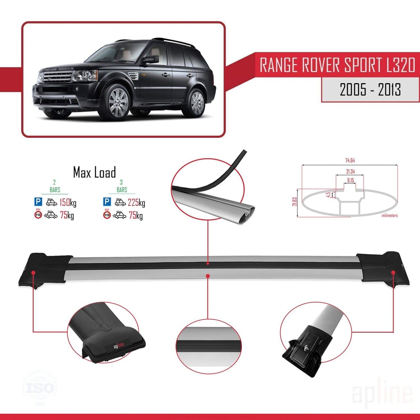 Compatible with Land Rover Range Rover Sport (L320) 2005-2013 Fly Model Car Roof Rack Cross Bar Grey Aluminium 2 Bars
