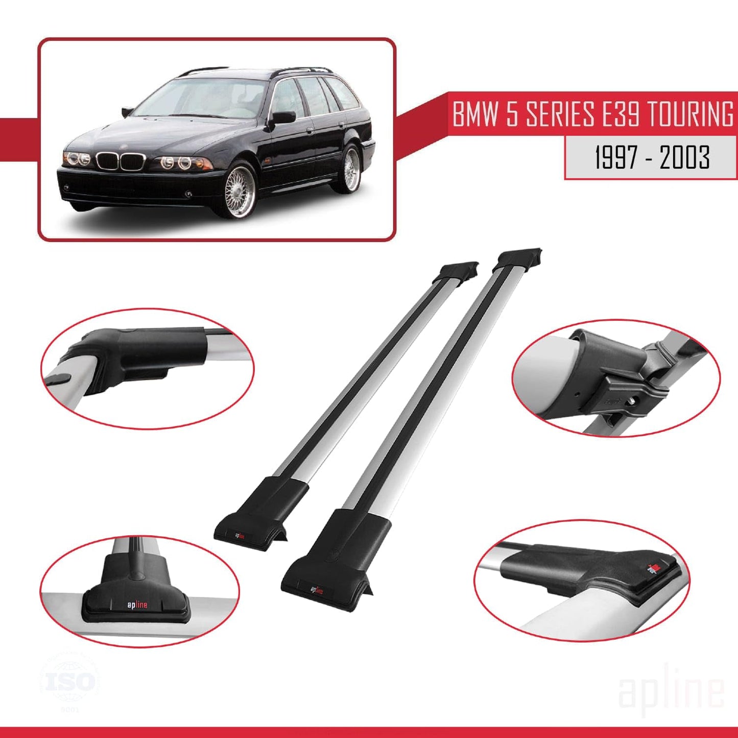 Compatible with BMW 5 Series (E39) Touring 1997-2003 Fly Model Car Roof Rack Cross Bar Grey Aluminium 2 Bars