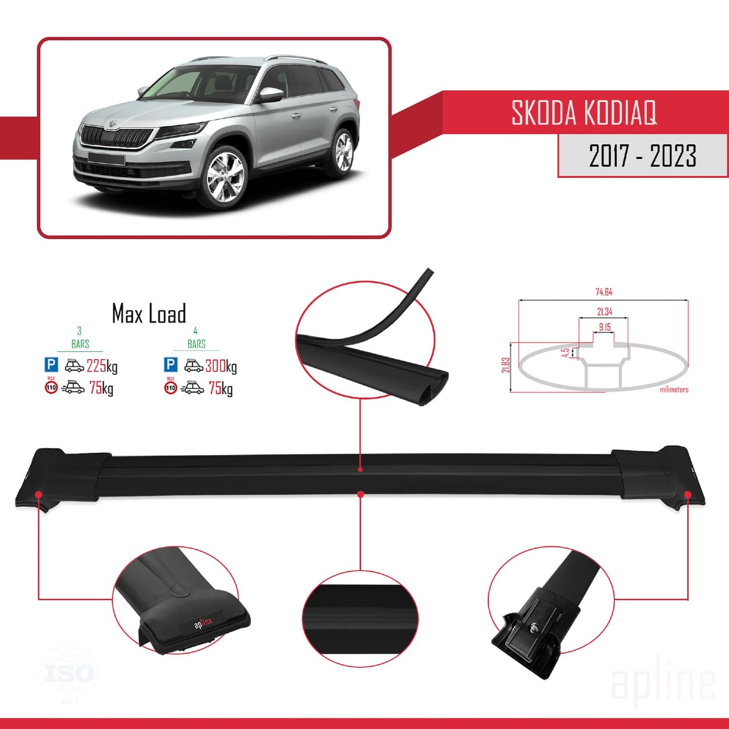 Compatible with Skoda Kodiaq 2017-2023 Fly Model Car Roof Rack Cross Bar Black Aluminium 3 Bars