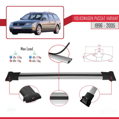 Compatible with VW Passat B5 Variant 1996-2005 Fly Model Car Roof Rack Cross Bar Grey Aluminium 2 Bars