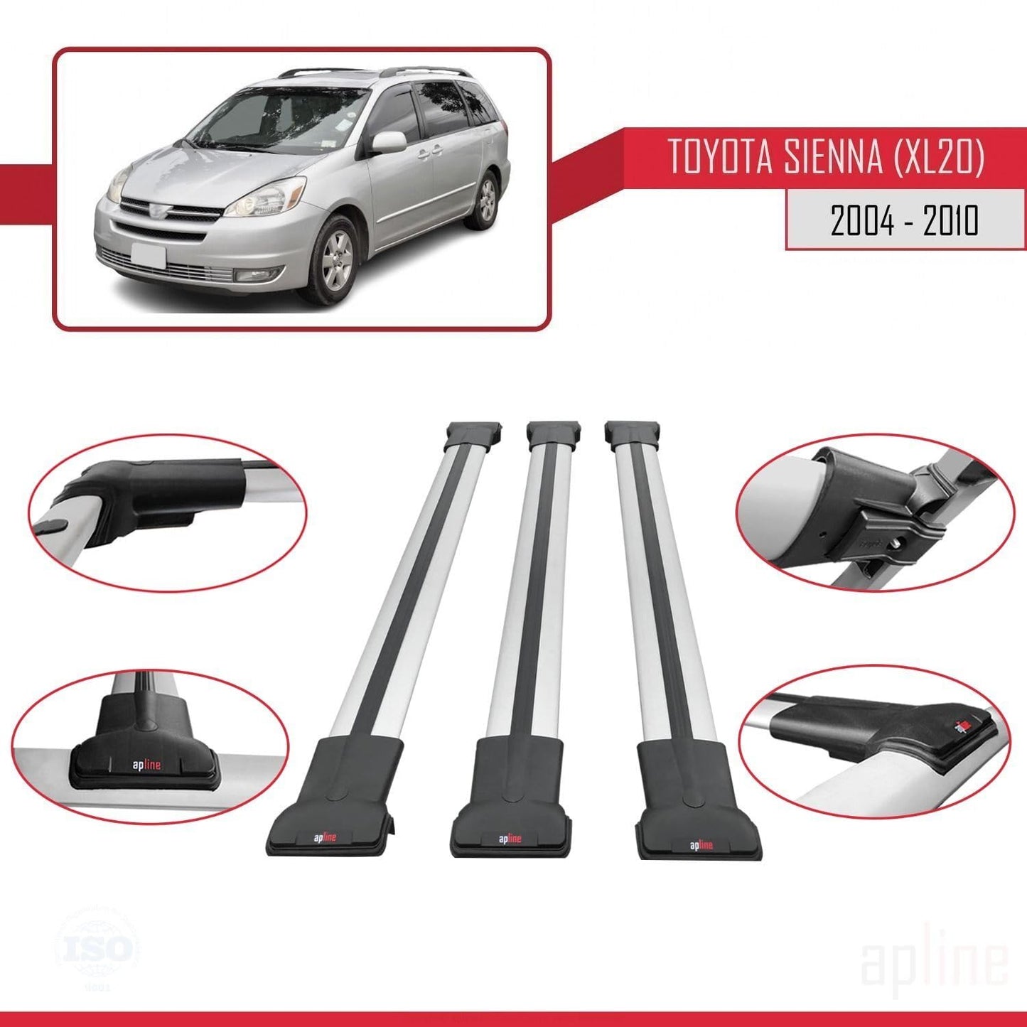 Compatible with Toyota Sienna 2 (XL20) 2004-2010 Fly Model Car Roof Rack Cross Bar Grey Aluminium 3 Bars