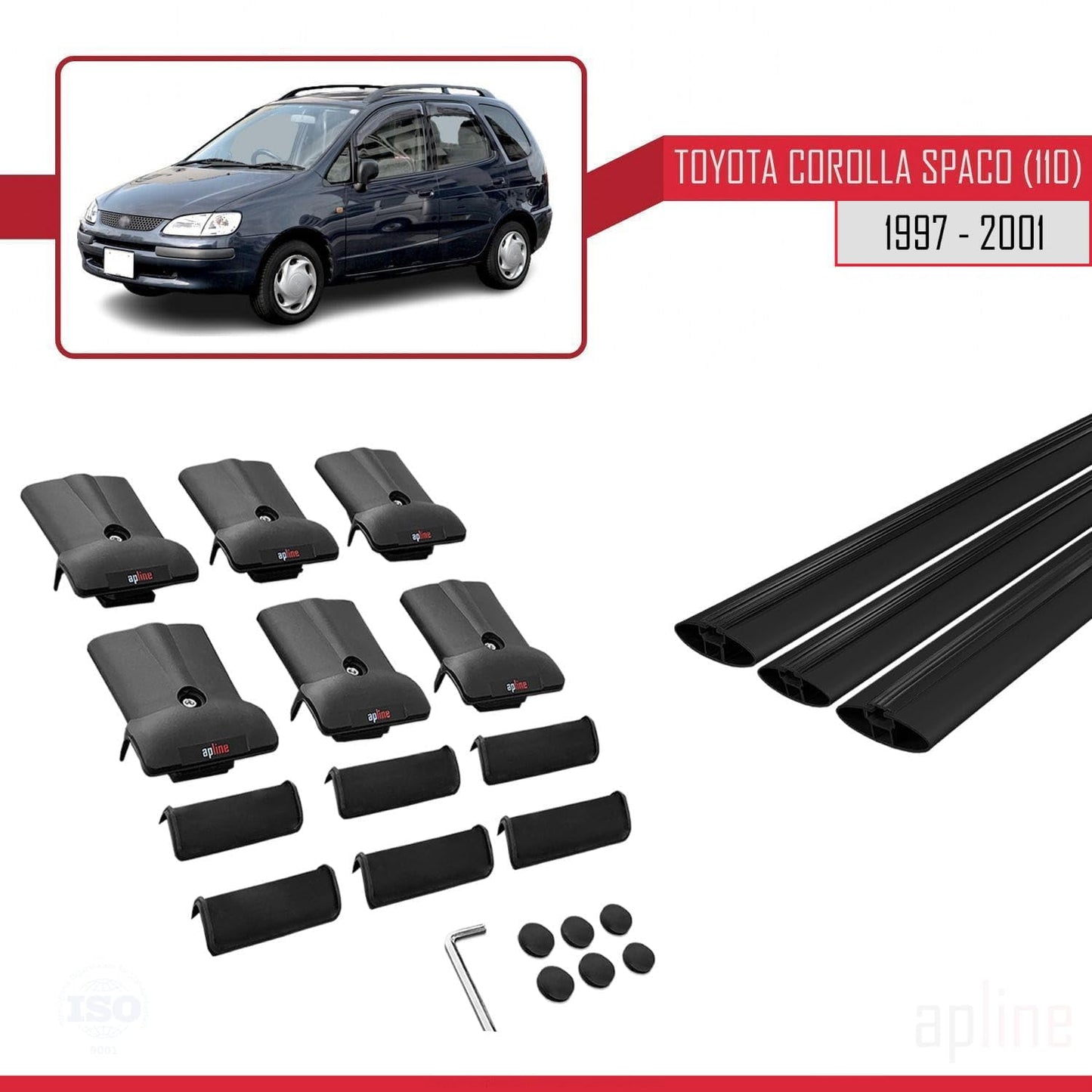 Compatible with Toyota Corolla Spacio (E110) 1997-2001 Fly Model Car Roof Rack Cross Bar Black Aluminium 3 Bars