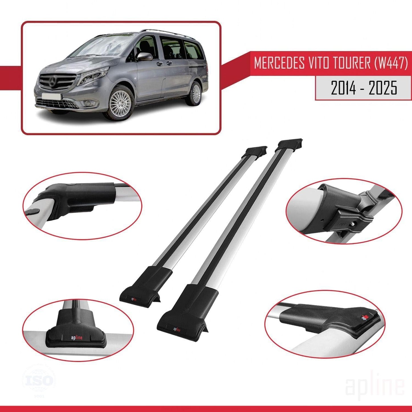 Compatible with Mercedes Vito Tourer (W447) 2014-2025 Fly Model Car Roof Rack Cross Bar Grey Aluminium 2 Bars
