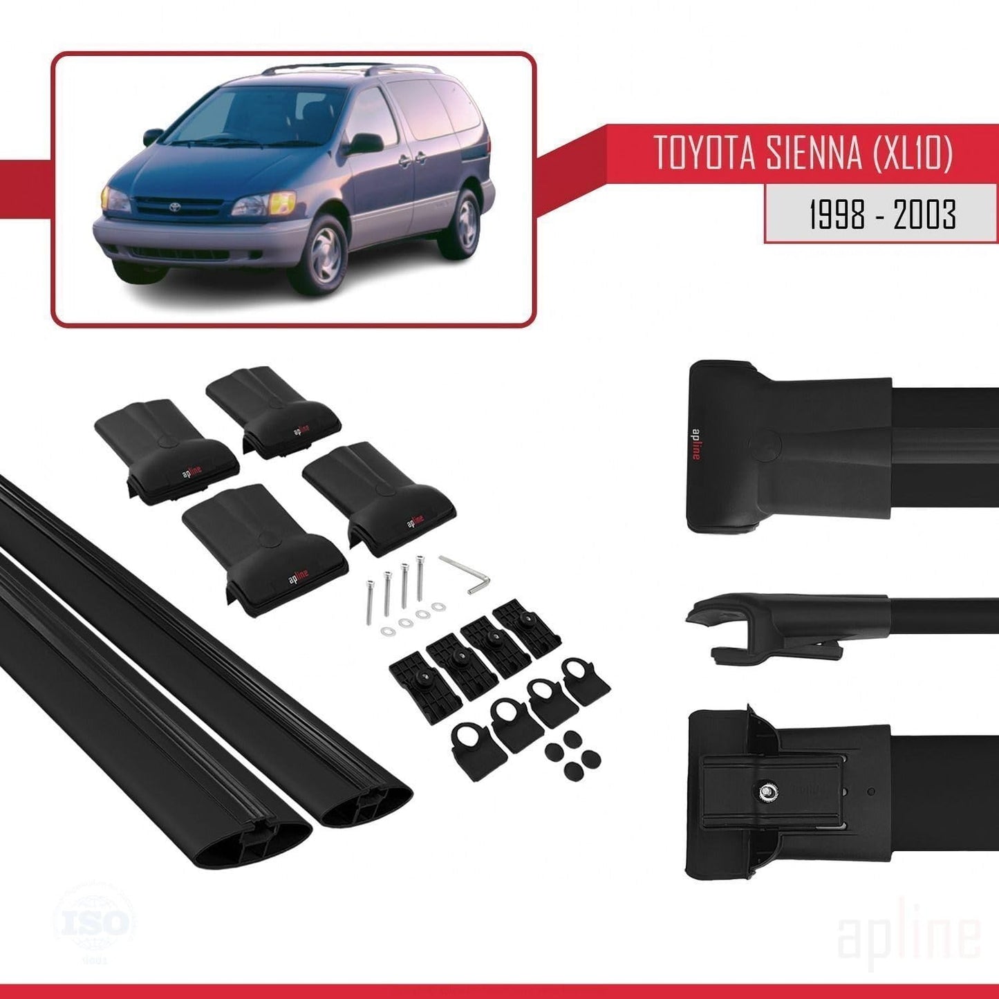 Compatible with Toyota Sienna (XL10) 1998-2003 Fly Model Car Roof Rack Cross Bar Black Aluminium 2 Bars