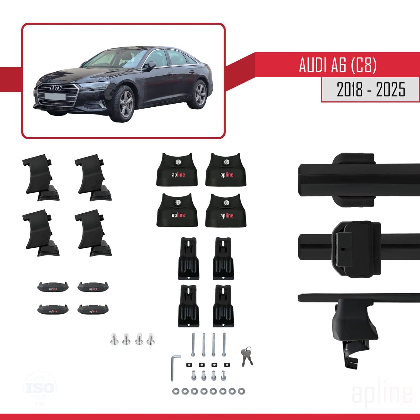 Compatible with Audi A6 (C8) 2018-2025 ACE-4 Car Roof Rack Cross Bar Black Aluminium 2 Bars