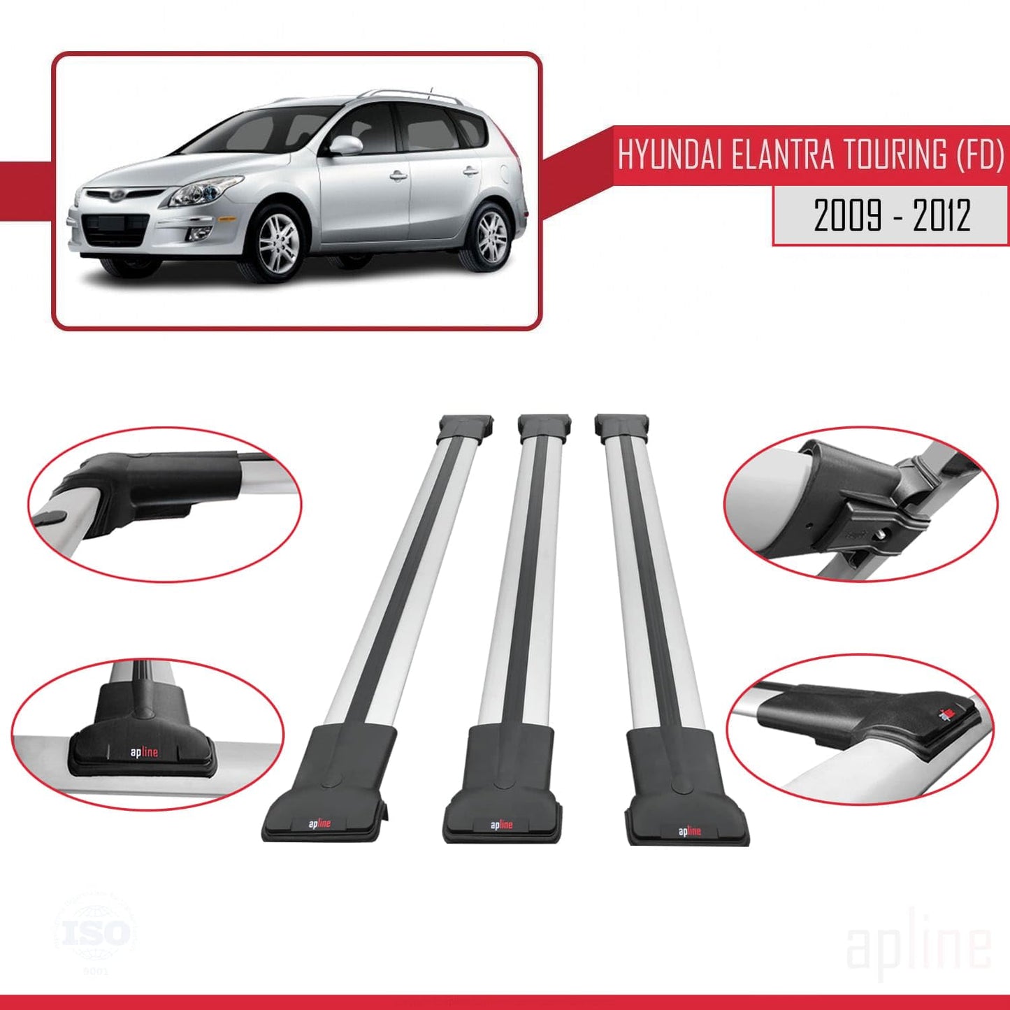 Compatible with Hyundai Elantra Touring (FD) 2009-2012 Fly Model Car Roof Rack Cross Bar Grey Aluminium 3 Bars