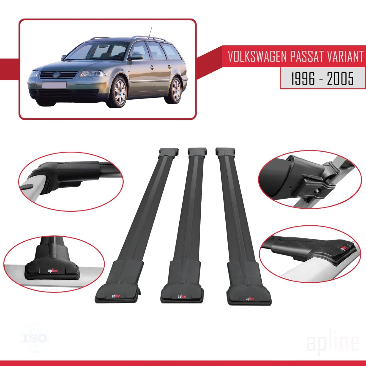 Compatible with VW Passat B5 Variant 1996-2005 Fly Model Car Roof Rack Cross Bar Black Aluminium 3 Bars