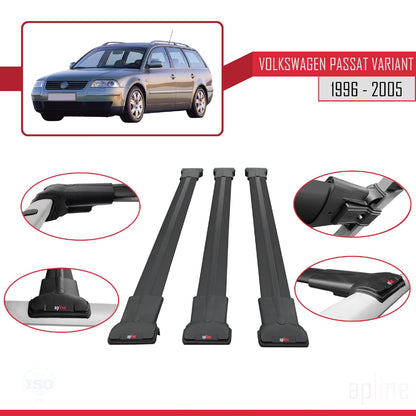 Compatible with VW Passat B5 Variant 1996-2005 Fly Model Car Roof Rack Cross Bar Black Aluminium 3 Bars