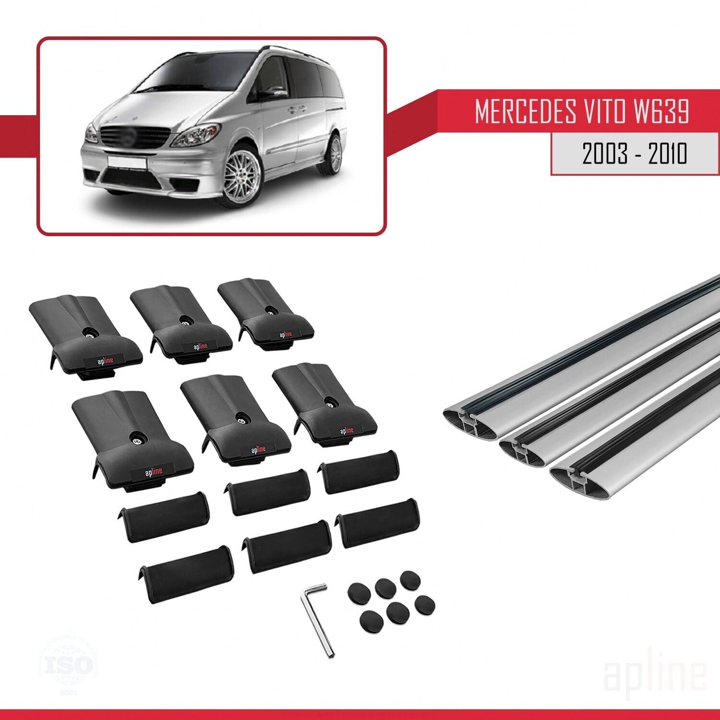 Compatible with Mercedes Vito 2 (W639) Pre-Facelift 2003-2010 Fly Model Car Roof Rack Cross Bar Grey Aluminium 3 Bars
