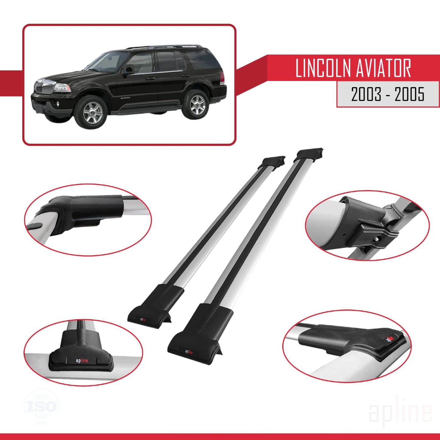 Compatible with Lincoln Aviator 2003-2005 Fly Model Car Roof Rack Cross Bar Grey Aluminium 2 Bars