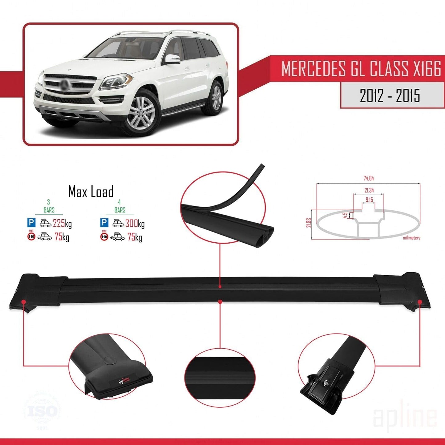 Compatible with Mercedes GL Class 2 (X166) Pre-Facelift 2013-2015 Fly Model Car Roof Rack Cross Bar Black Aluminium 3 Bars