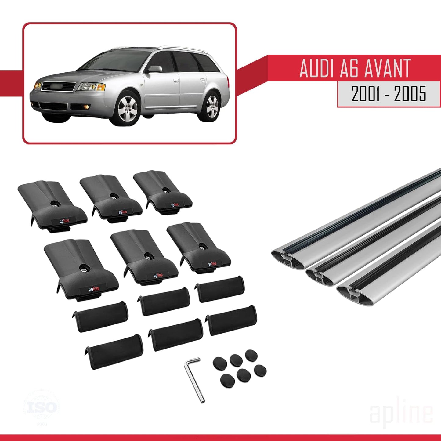 Compatible with Audi A6 Avant 2001-2005 Fly Model Car Roof Rack Cross Bar Grey Aluminium 3 Bars