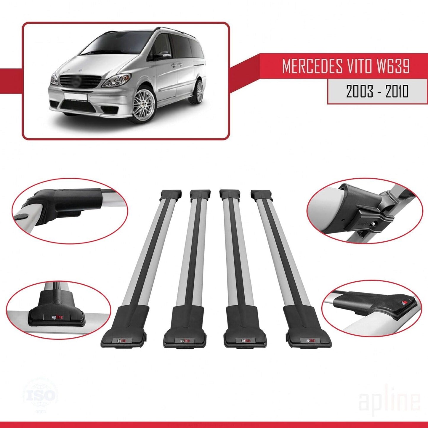 Compatible with Mercedes Vito 2 (W639) Pre-Facelift 2003-2010 Fly Model Car Roof Rack Cross Bar Grey Aluminium 4 Bars