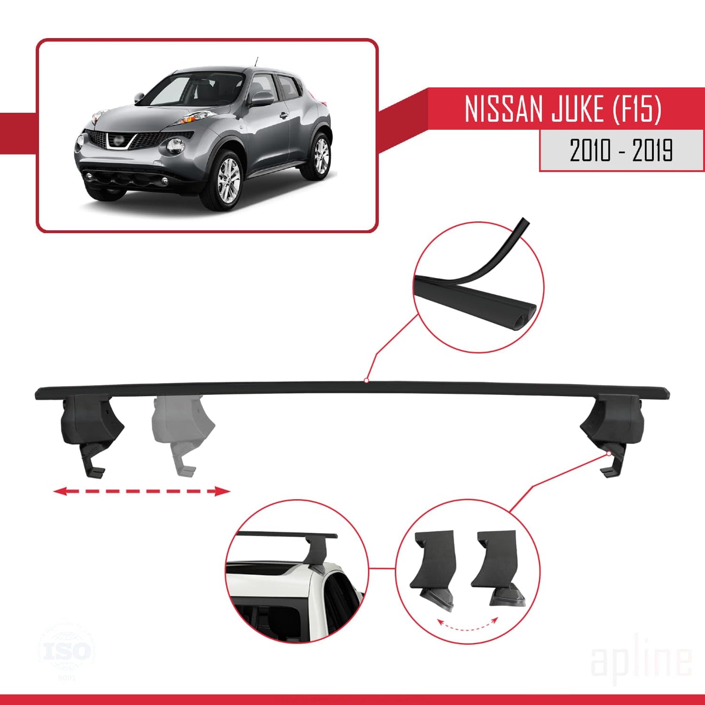 Compatible with Nissan Juke (F15) 2010-2019 ACE-4 Car Roof Rack Cross Bar Black Aluminium 2 Bars