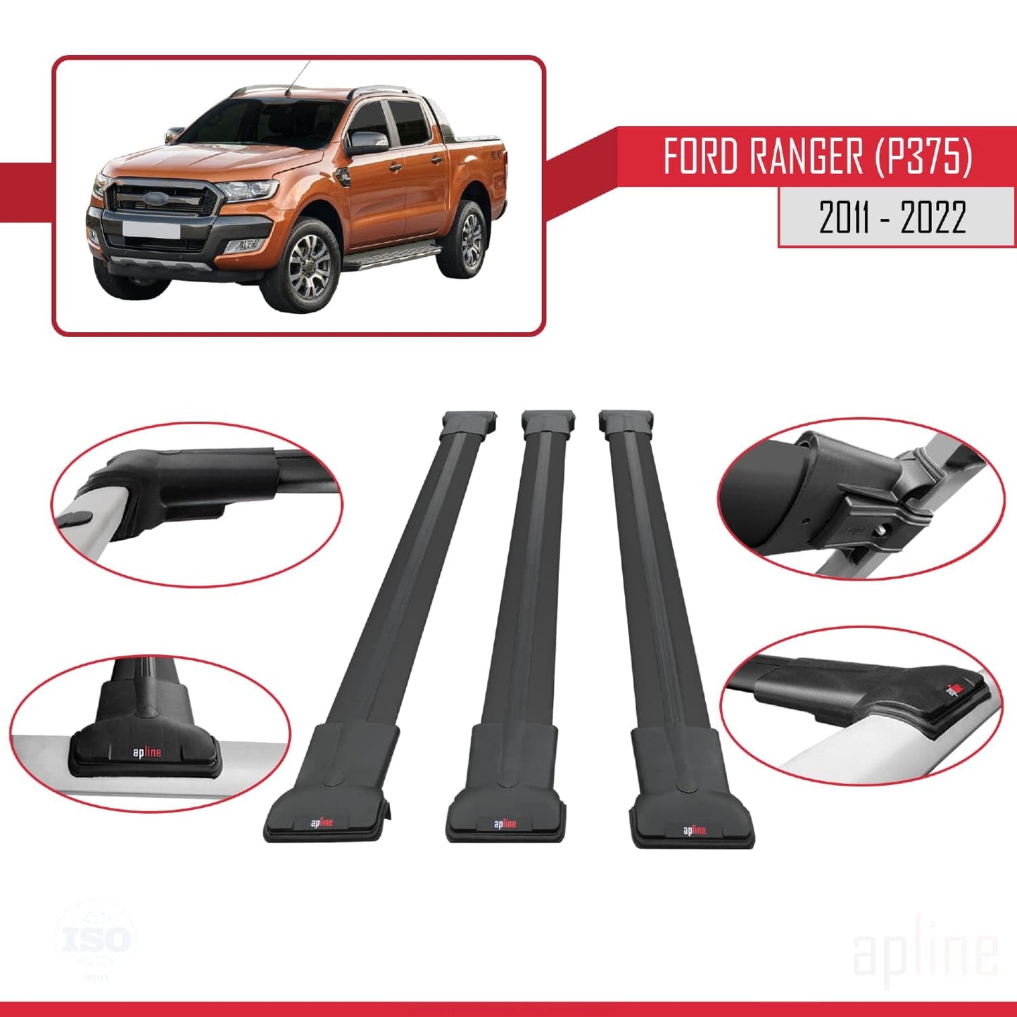 Compatible with Ford Ranger (P375) 2011-2022 Fly Model Car Roof Rack Cross Bar Black Aluminium 3 Bars