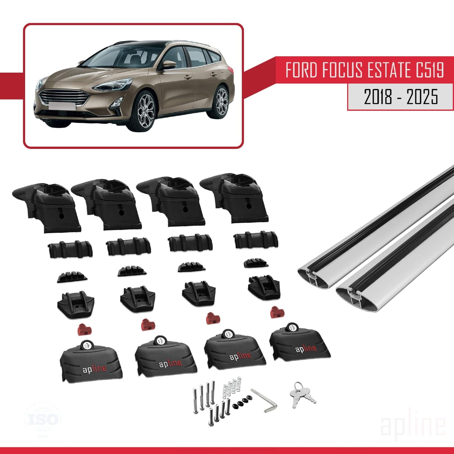 Compatible with Ford Focus 4 (C519) SW 2019-2025 ACE-2 Car Roof Rack Cross Bar Grey Aluminium 2 Bars