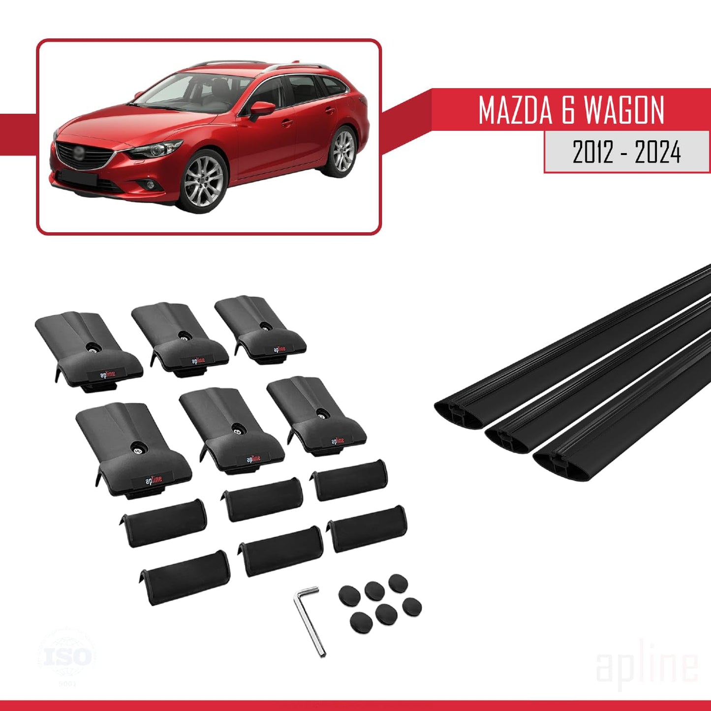 Compatible with Mazda 6 Wagon 2012-2024 Fly Model Car Roof Rack Cross Bar Black Aluminium 3 Bars