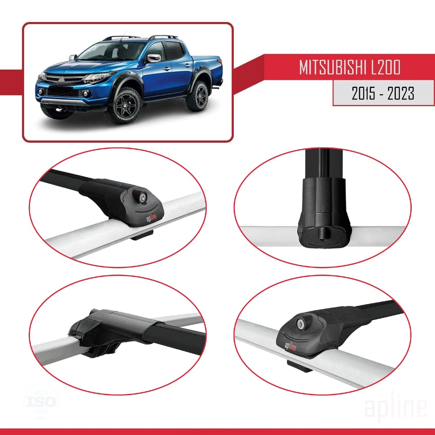 Compatible with Mitsubishi L200 V 2015-2023 ACE-1 Car Roof Rack Cross Bar Black Aluminium 2 Bars