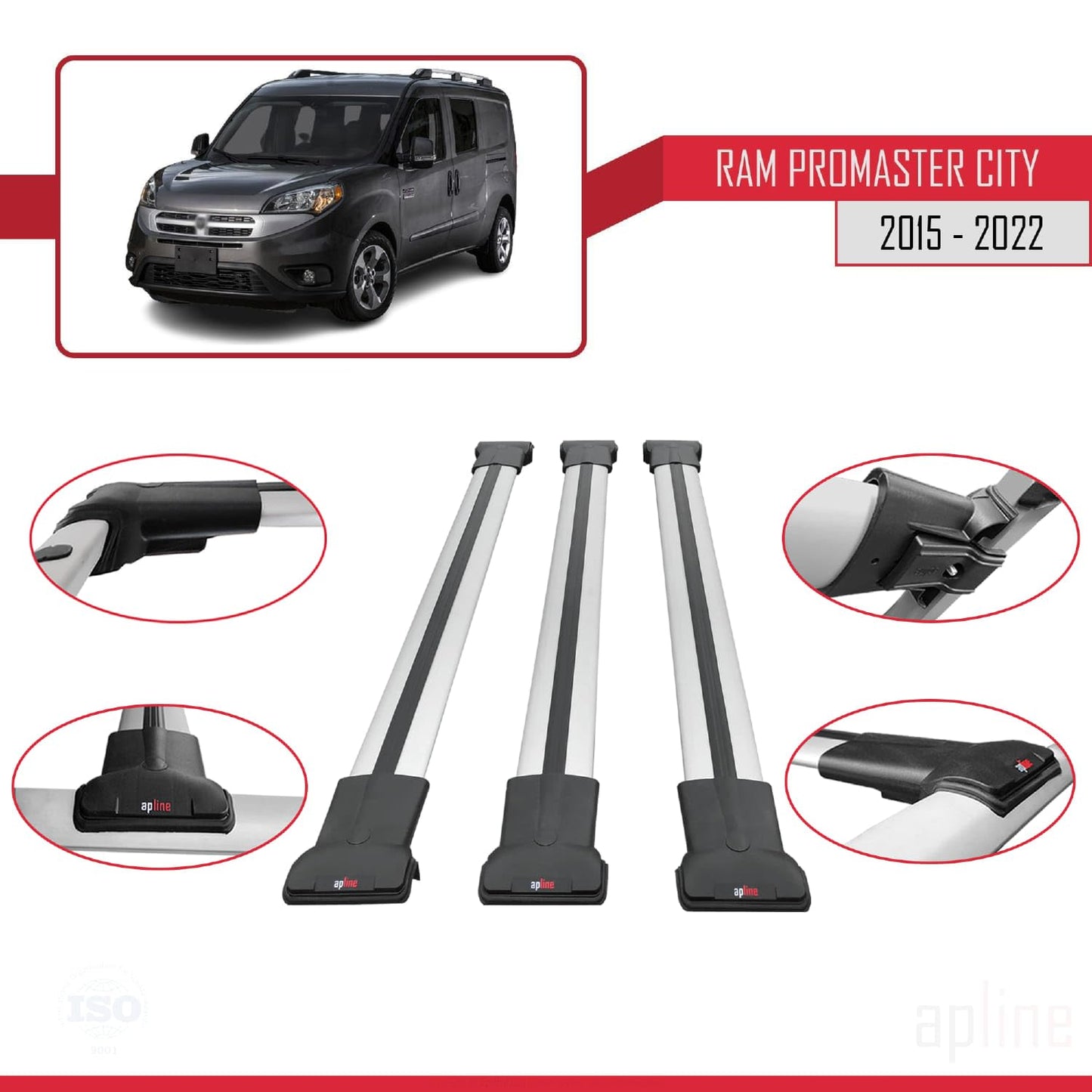 Compatible with Ram Promaster City (636) 2015-2022 Fly Model Car Roof Rack Cross Bar Grey Aluminium 3 Bars