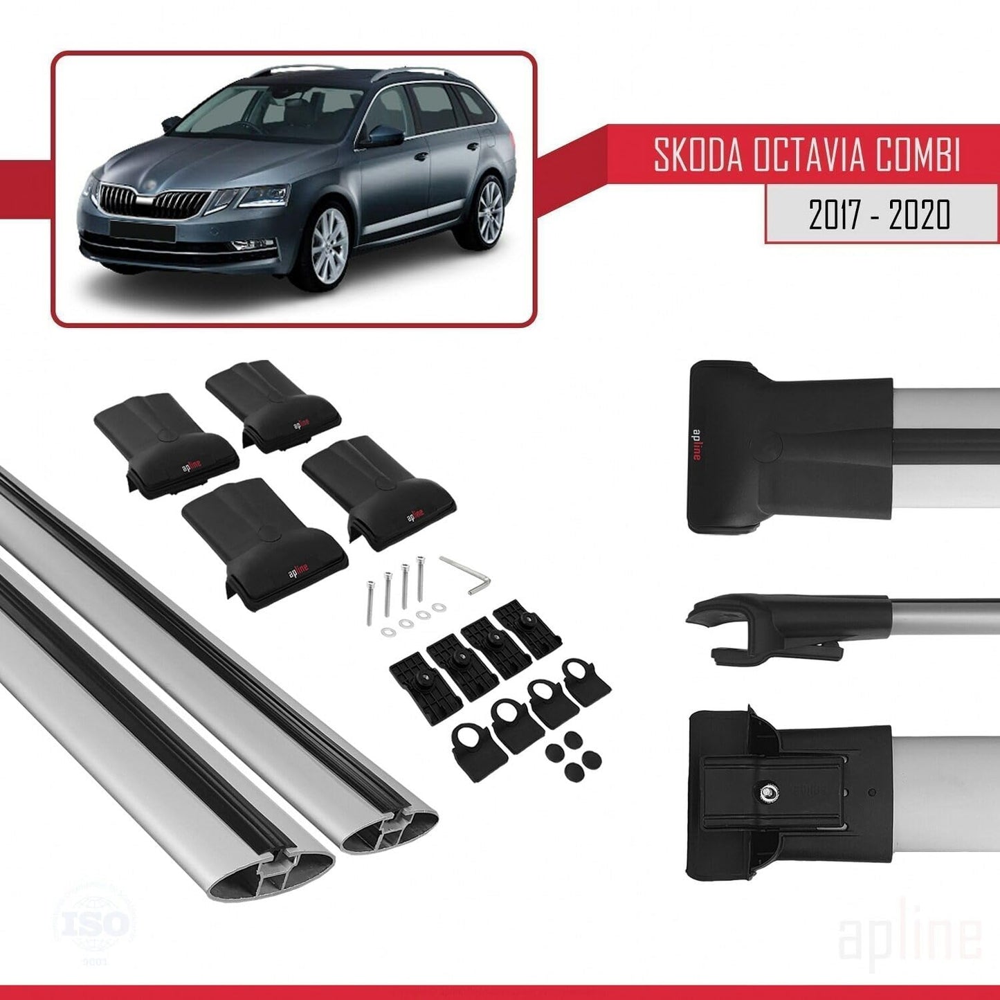 Compatible with Skoda Octavia 3 (5E) SW Post-Facelift 2017-2020 Fly Model Car Roof Rack Cross Bar Grey Aluminium 2 Bars