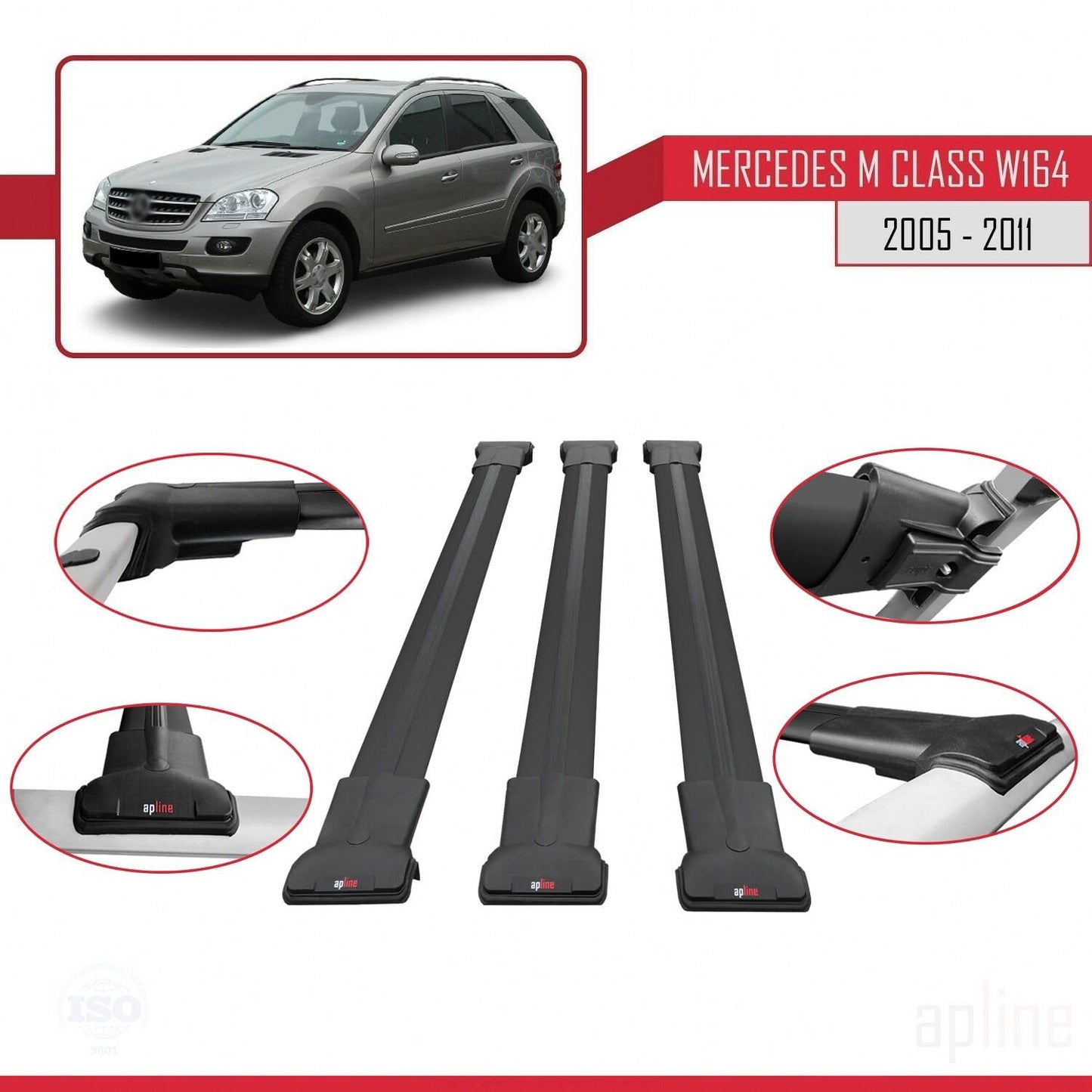 Compatible with Mercedes M Class 2 (W164) 2005-2011 Fly Model Car Roof Rack Cross Bar Black Aluminium 3 Bars