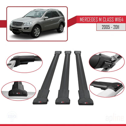 Compatible with Mercedes M Class 2 (W164) 2005-2011 Fly Model Car Roof Rack Cross Bar Black Aluminium 3 Bars