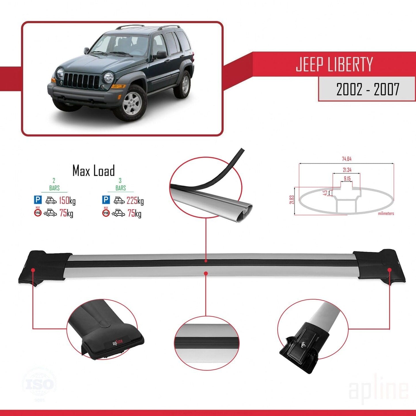 Compatible with Jeep Liberty 2002-2007 Fly Model Car Roof Rack Cross Bar Grey Aluminium 2 Bars